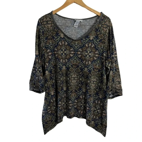 Catherines Tunic Blouse 14W 16W Earth Tones Sharkbite Hem Knit Floral V Neck Top - Picture 1 of 8